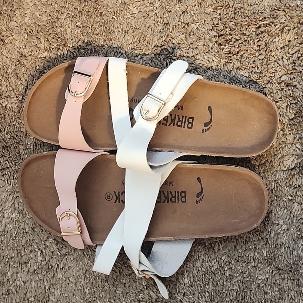 Birkenstocks size 9 pink and white with cork bottom